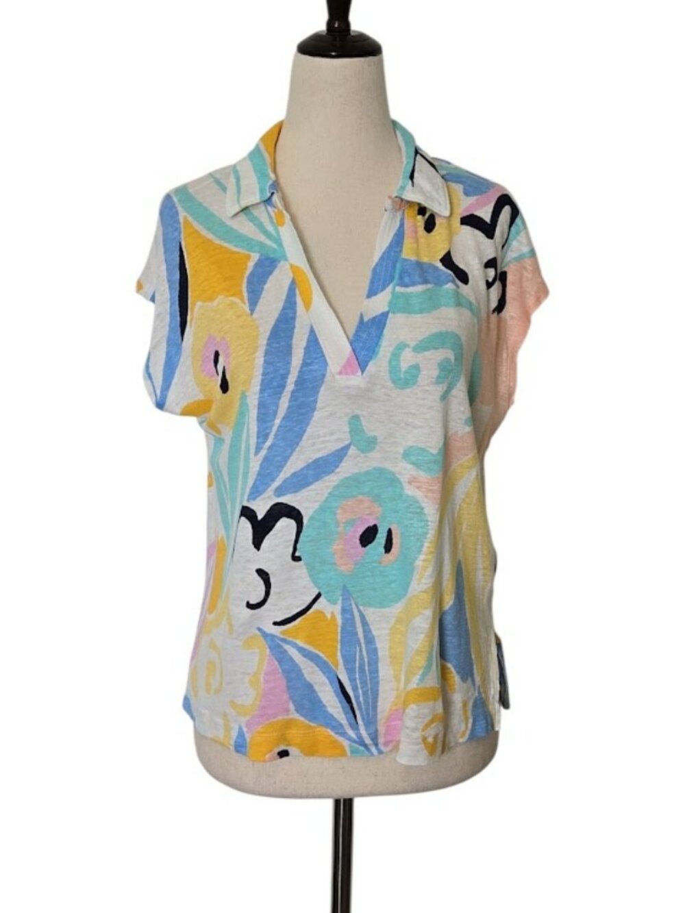 RACHEL ZOE 100% Linen Floral Print Collared Short Sleeve Top Women’s M EUC